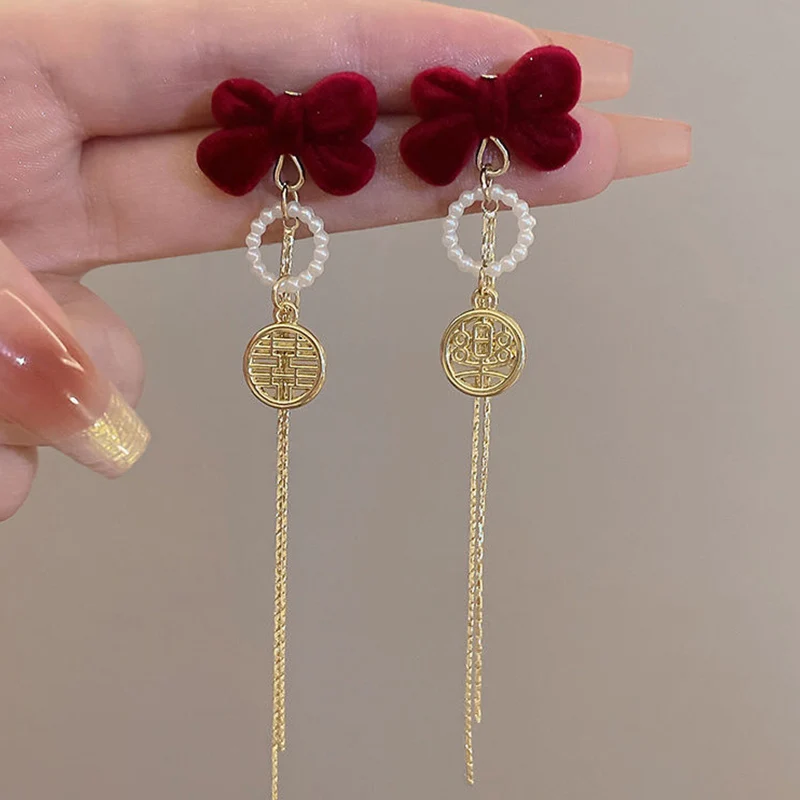 Новые модные зимние красные бархатные серьги KADRUFI с бантом и жемчугом для женщин