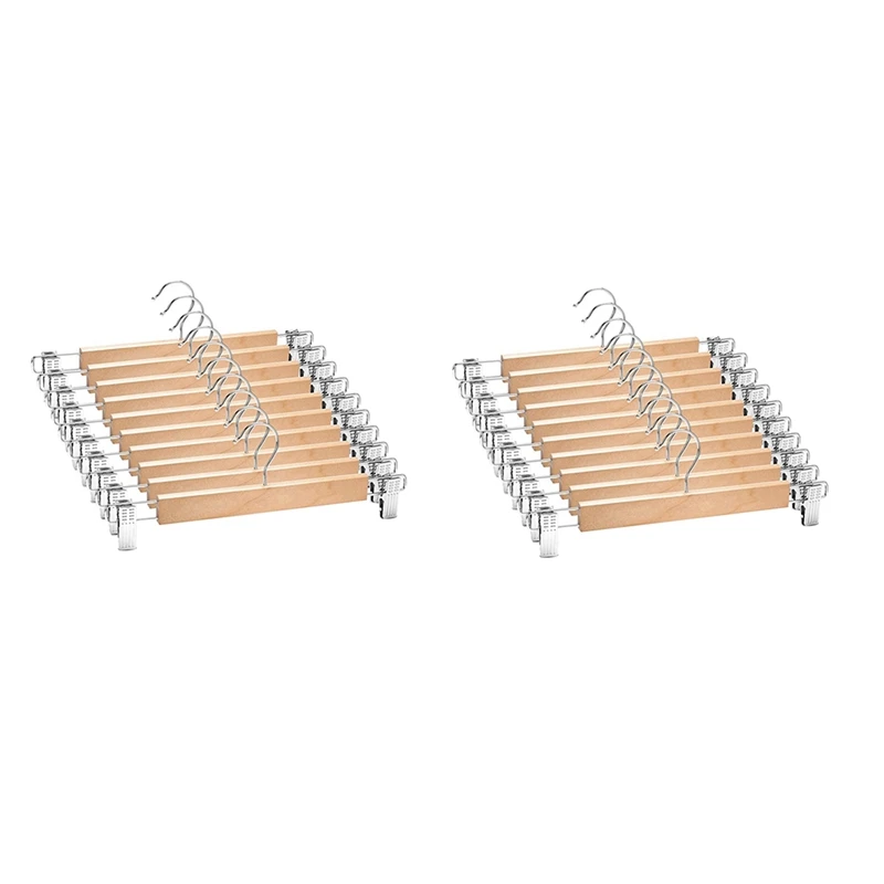 

20 Pack Wooden Skirt Hangers With Adjustable Clips Non-Slip Trouser Hanger Natural Finish Lotus Wood Pants Hangers 360°