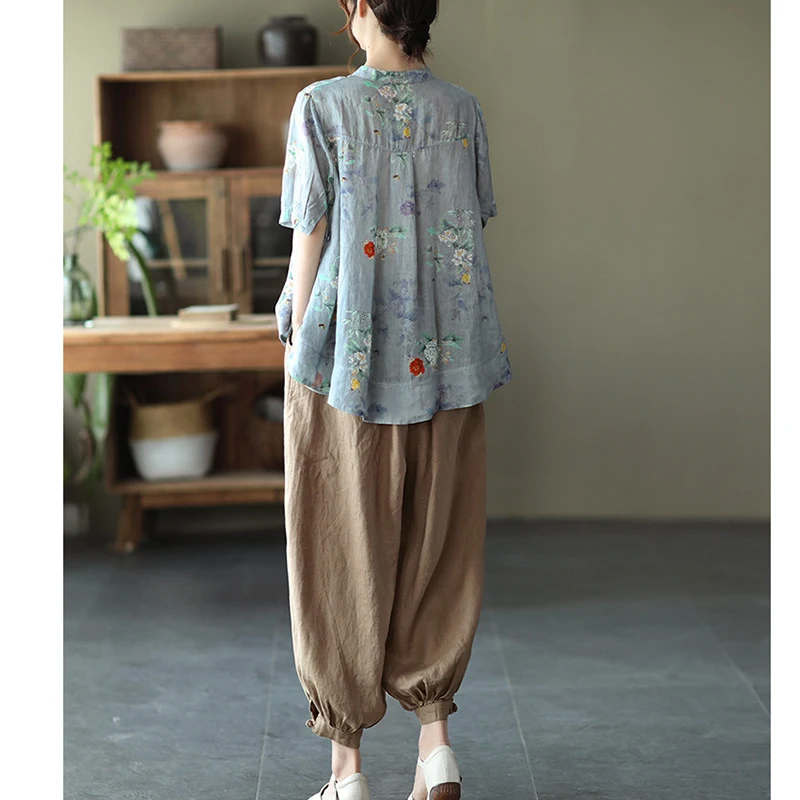 2022 Summer New Arts Women Short Sleeve Stand Collar Loose Shirt Vintage Flower Print Cotton Linen Blouse Female Tops C246 |