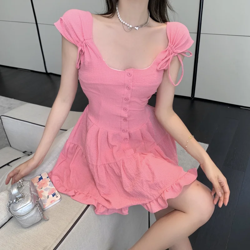 

Women's slim waist dress short style square collar bandage buttons up solid color short dresses female