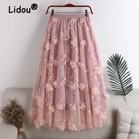 elegant fashion embroidery applique mesh skirt 2022 summer new office lady commute all match elastic high waist tulle midi skirt