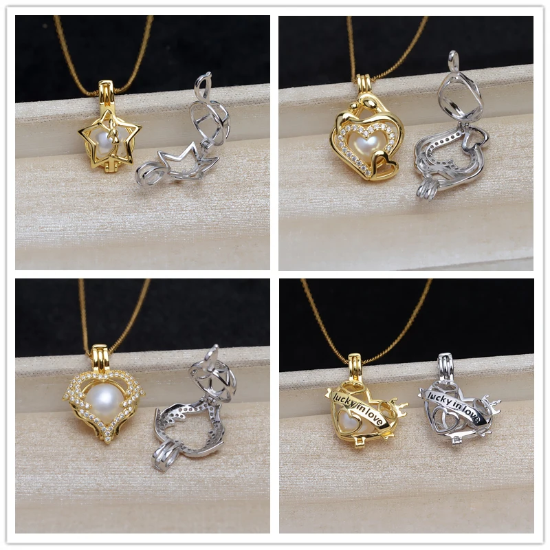 

MeiBaPJ Real 925 Sterling Silver Heart Star Make Wish Cage EmptyTray Round Natural Pearl Pendant Necklace for Women