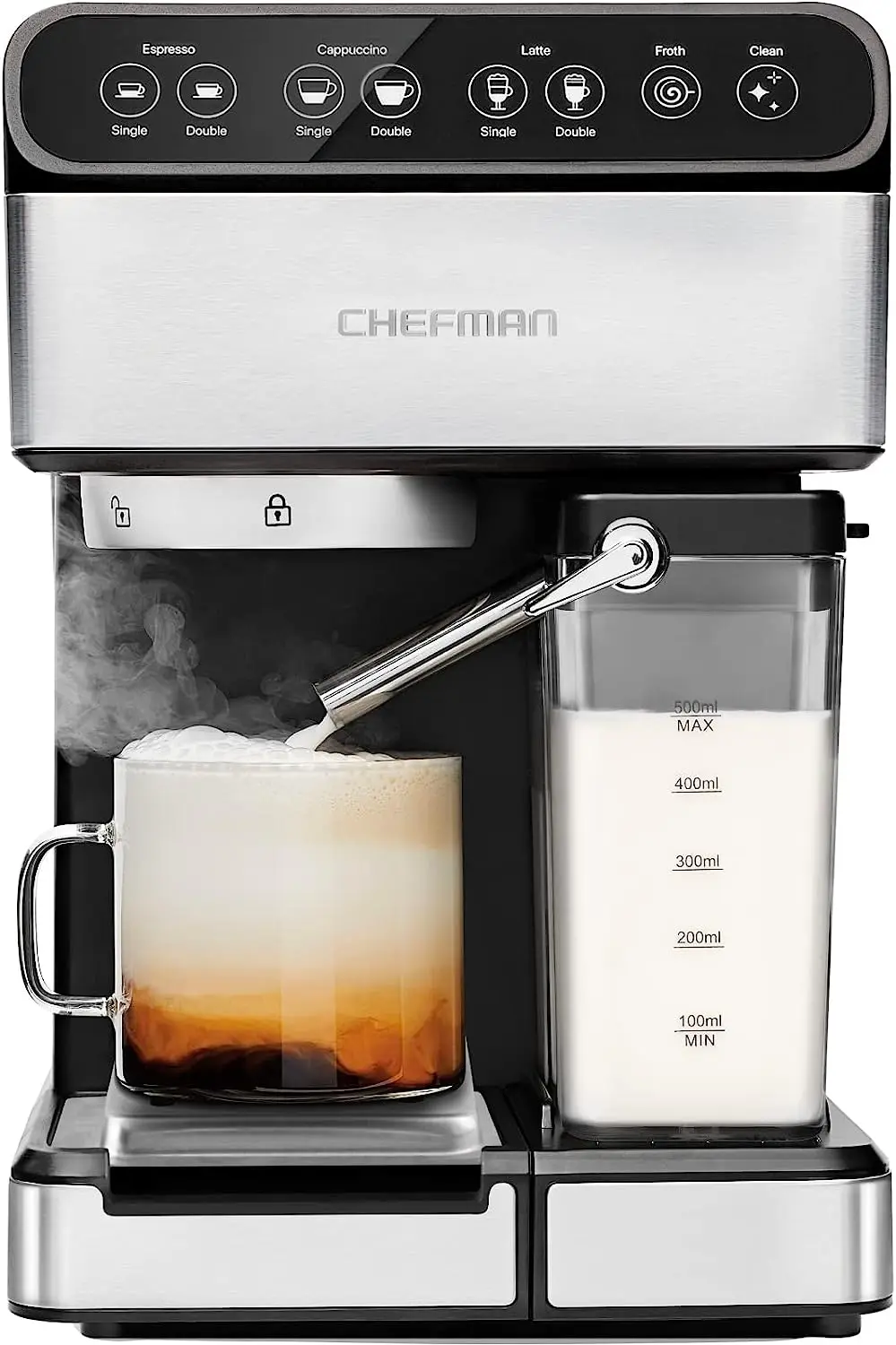 

Chefman 6-in-1 Espresso Machine with Built-In Milk Frother,15-BAR Pump, Digital Display,One-Touch Single or Double Shot Espresso