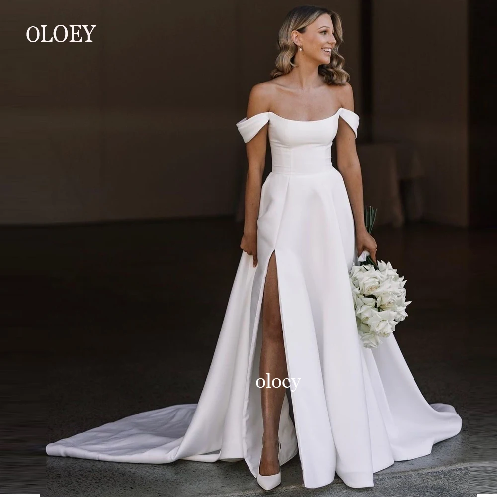 

OLOEY Sexy Off the Shoulder Satin A Line Wedding Dresses Split Sweep Train Country Bridal Gowns Robe de mariage Simple Vestidos