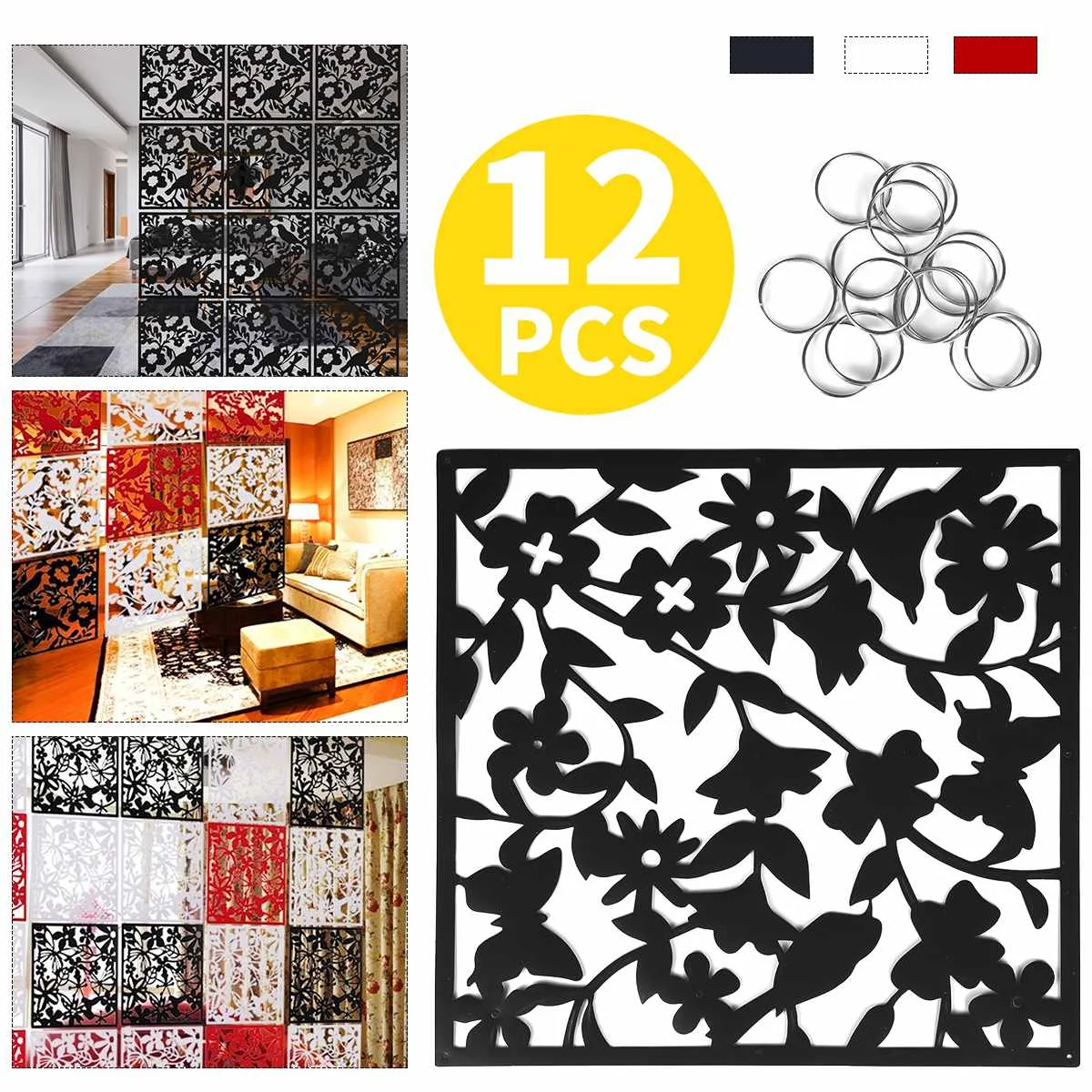 

White/Black/Red 12pcs For Home Fashion Bird Flower Leaf Hanging Screen Partition Divider Panel Room Curtain Home