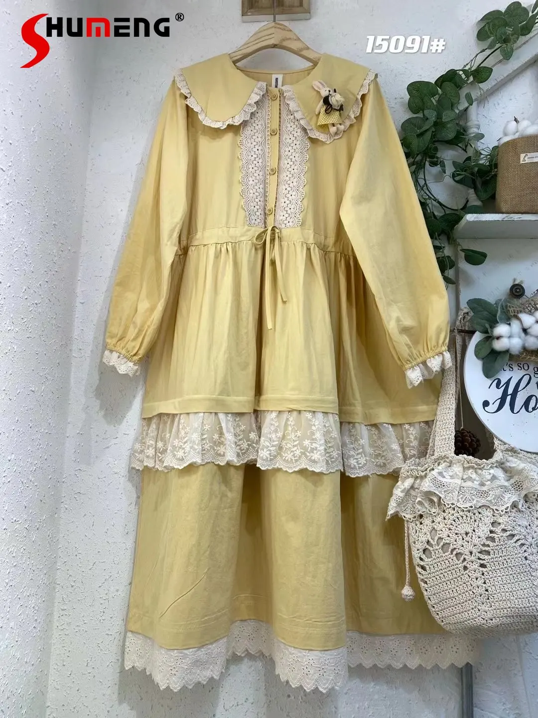 Mori Sweet Cute Doll Collar Cotton Loose Oversized Waist-Controlled Long Sleeve Dress Women Spring New Lace Stitching Cake Dress