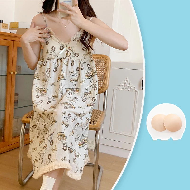 Suspender Women's Nightdress Summer Thin Pure Cotton With Chest Pad Lace Edge Large Size Home Clothes Nightdress Free Shipping