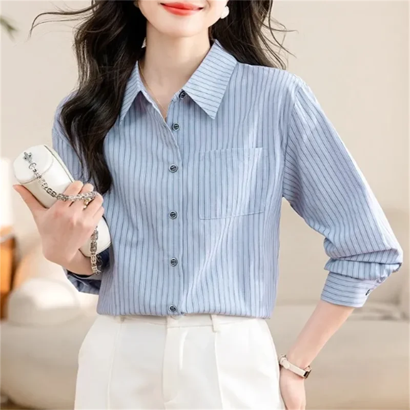 Полосатая рубашка для женщин блузки свободная профессиональная женская одежда