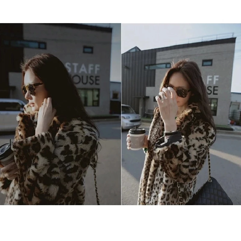 Autumn Winter Women Long Rabbit Fur Faux Fur Coat 2022 New Ladies Sexy Leopard Fashion Tops Casual Loose Parkas Famale Clothing