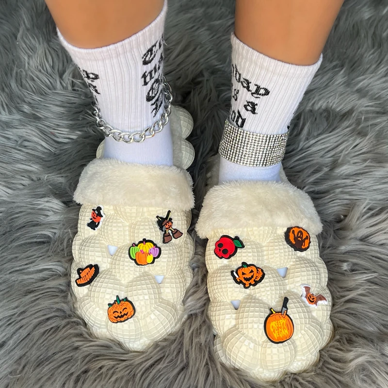 

Смешные хлопковые тапочки на Хэллоуин, новинка 2023, теплые тапочки на толстой подошве для мужчин и женщин, зимние Нескользящие домашние хлопковые тапочки