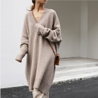 oversized sweaters korean 2022 autumn winter v neck women full sleeve chic loose casual female pullovers knitted dresses f505a