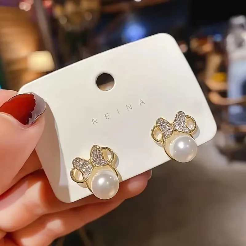 Корейские крошечные серьги-гвоздики с искусственным жемчугом и бантом женские