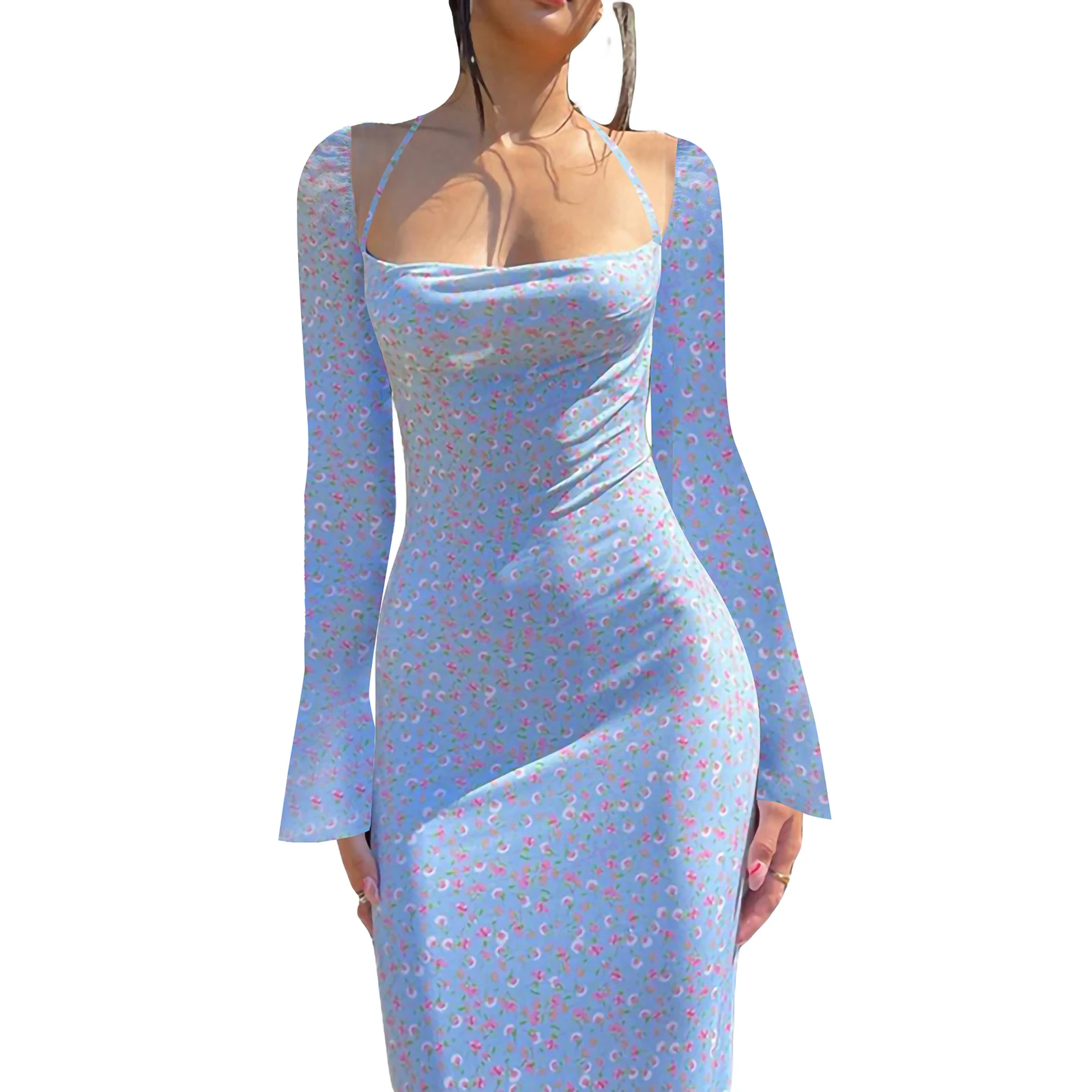 

2023 Women Autumn Boho Style Sexy Y2K Clothes Lace Up Halter Backless Floral Long Sleeve Bodycon Midi Dress Outfits Party Club