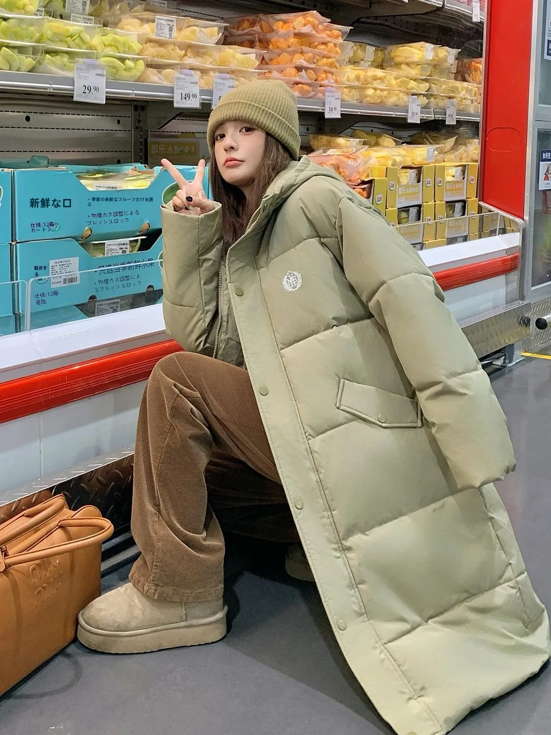 Bean Green Loose Plus size Fat Sister mm Preppy Куртка средней длины на хлопковой подкладке Толстая