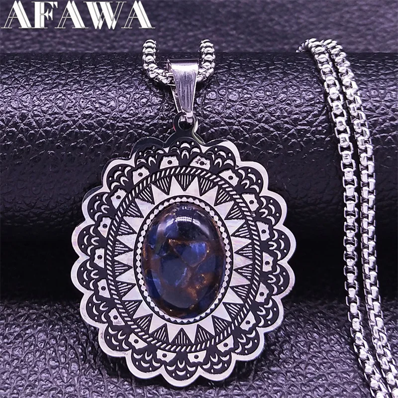 

Stainless Steel Natural Stone Pendant Necklaces Flower of Life Necklace Bohemia Jewelry collier acier inoxydable femme NXS02