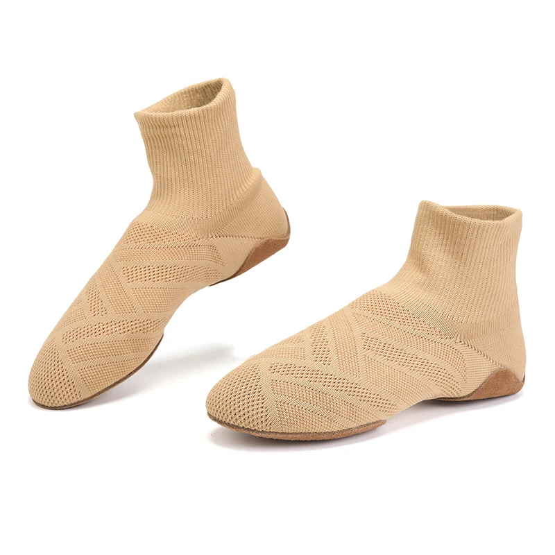 RUYBOZRY Knitted Jazz Dance Shoes Tan Black Adult Dance Sneakers Light Weight Slip On Sports Boot Breathable Modern Booties