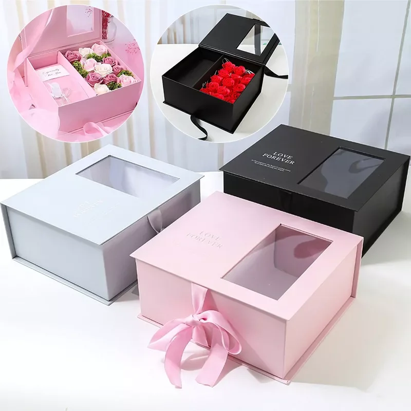 

Kraft Paper Gift Wrapping Boxes With Clear PVC Window Transparent Cardboard Flower Packaging Boxes Supplies Valentine's Day