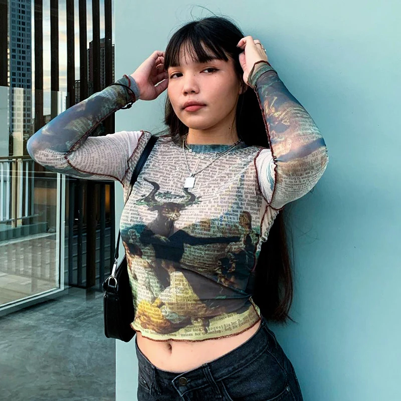 

Grunge Harajuku Print Mesh T-Shirts Women See Through Crop Tops Vintage Long Sleeve Tees Fall Pullover Tops