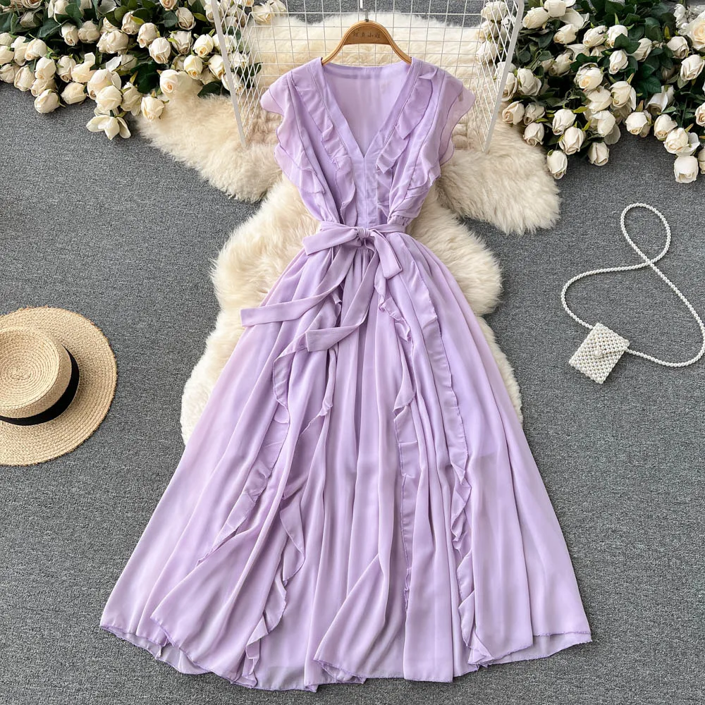 

2022 New Summer Women V-Neck Sleeveless Sashes Slim Long Dress Sweet Edible Tree Fungus Solid Color Chiffon Dress