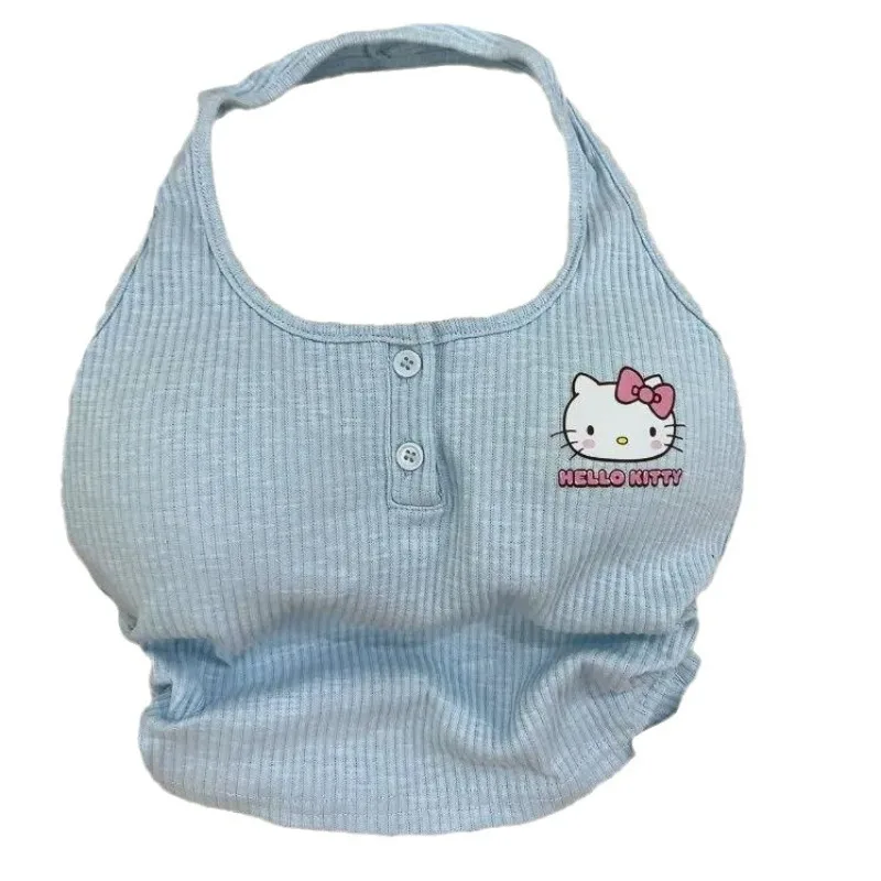 

Sanrio Kawaii Anime Cartoons Hello Kitty New Short-sleeved Women's Spring and Summer with Chest Pad Hot Girl Girly Slim Top