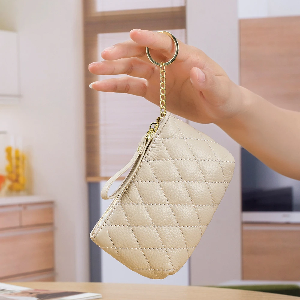 Genuine Leather Coin Purse Rhombus Embroidered Cowhide Mini Minimalist Zipper Bag Key Bag