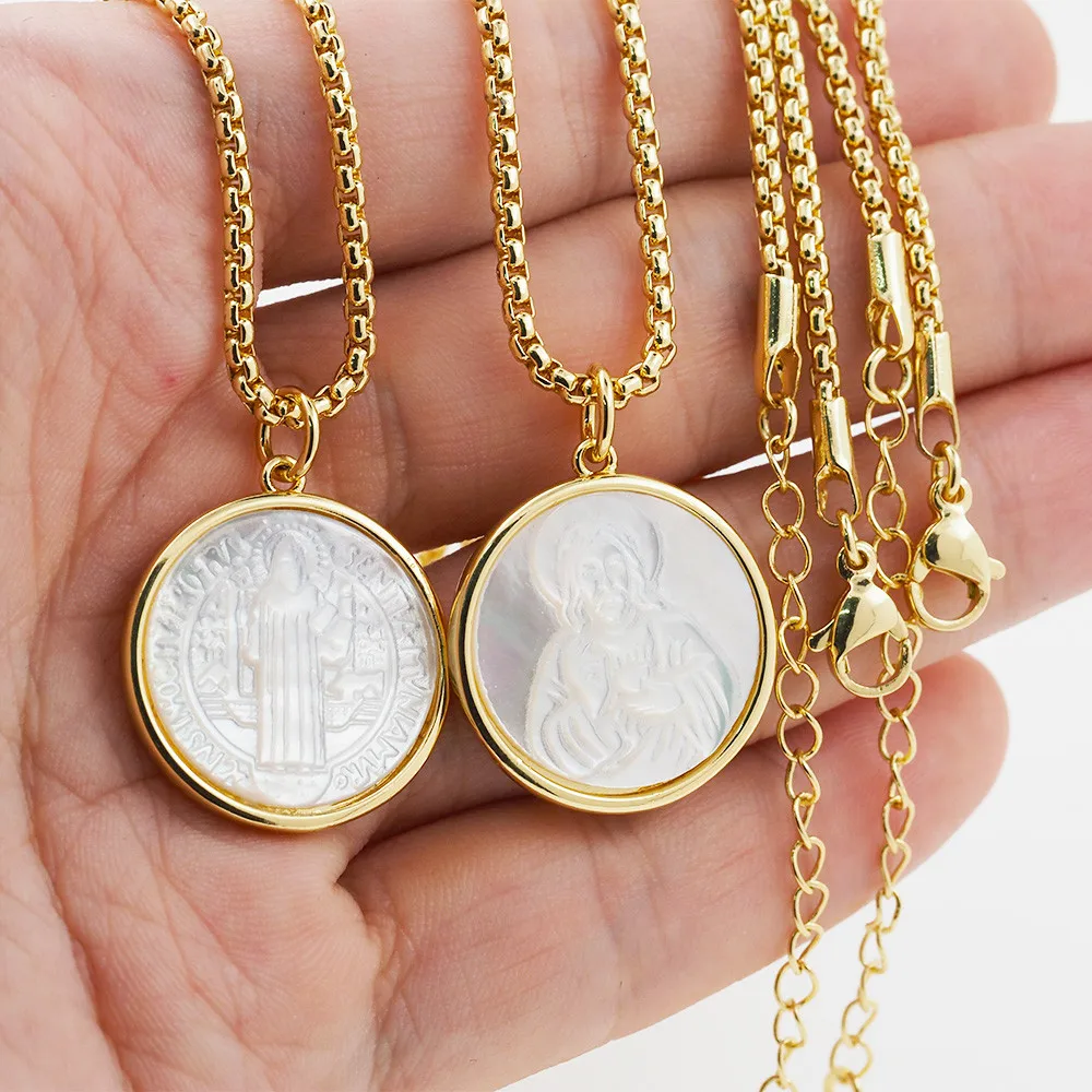 

New Virgin Mary Medal Shell Necklaces Pendants Christian Religious Prayer Jesus Gold Color Choker Chain For Women Jewelry Gift