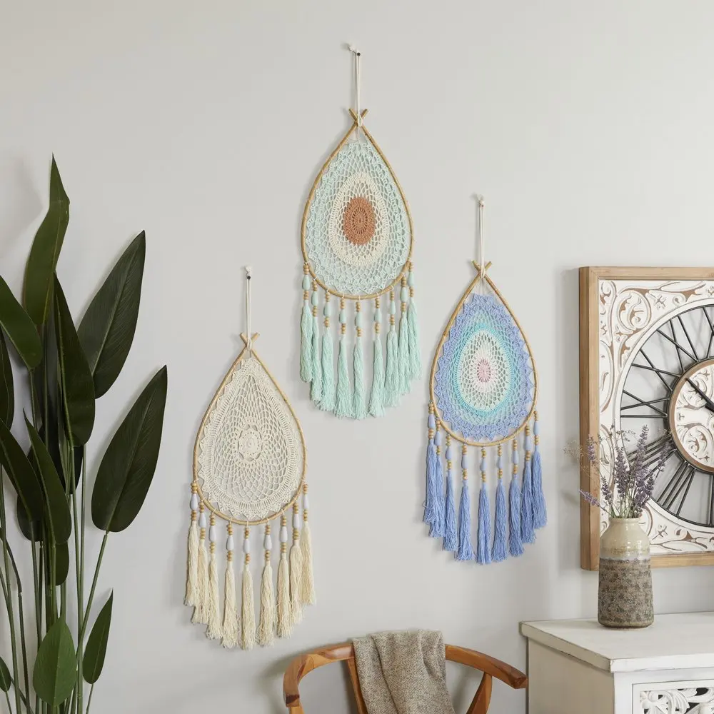 

Handmade Intricately Woven Macrame 11" x 34" Dreamcatcher Wall Decor with Fringe Tassels, by (3 Count)