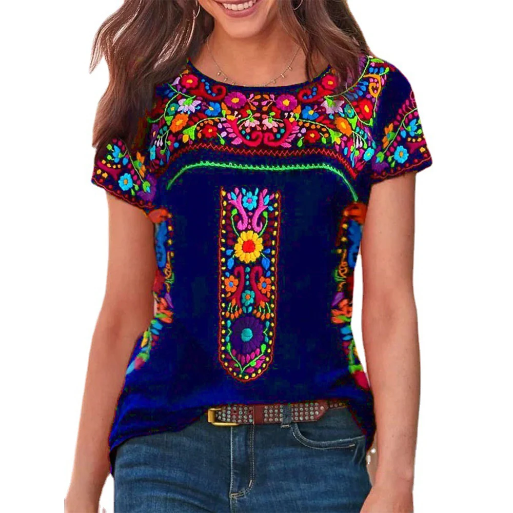 

Women O Neck Boho Casual T Shirt Blouse Summer Short Sleeve Loose Tops Vintage Boho Ethnic Floral Print Female T Shirt A50