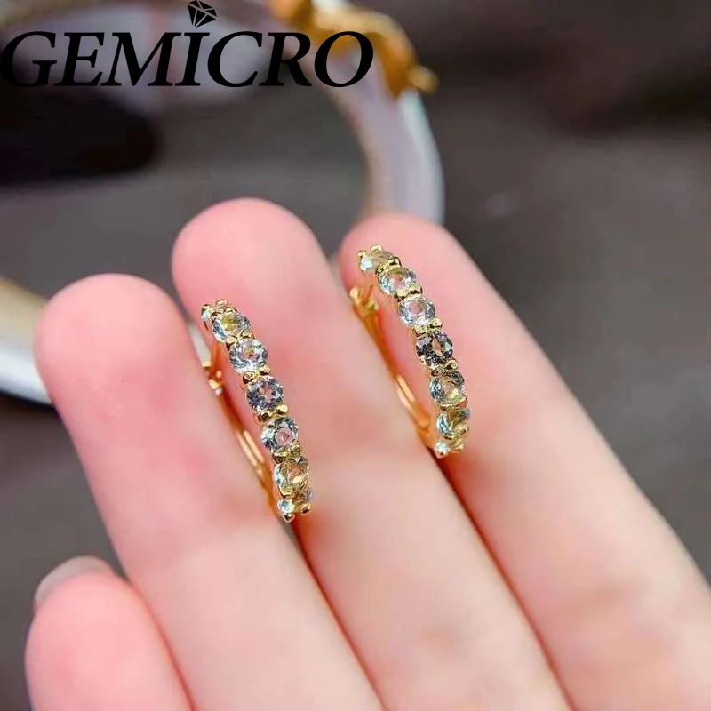 

Gemicro 925 Sterling Silver Natural Aquamarine Hoop Earrings for Women Fine Jewelry Mothers' Day with 18K Gold Plated