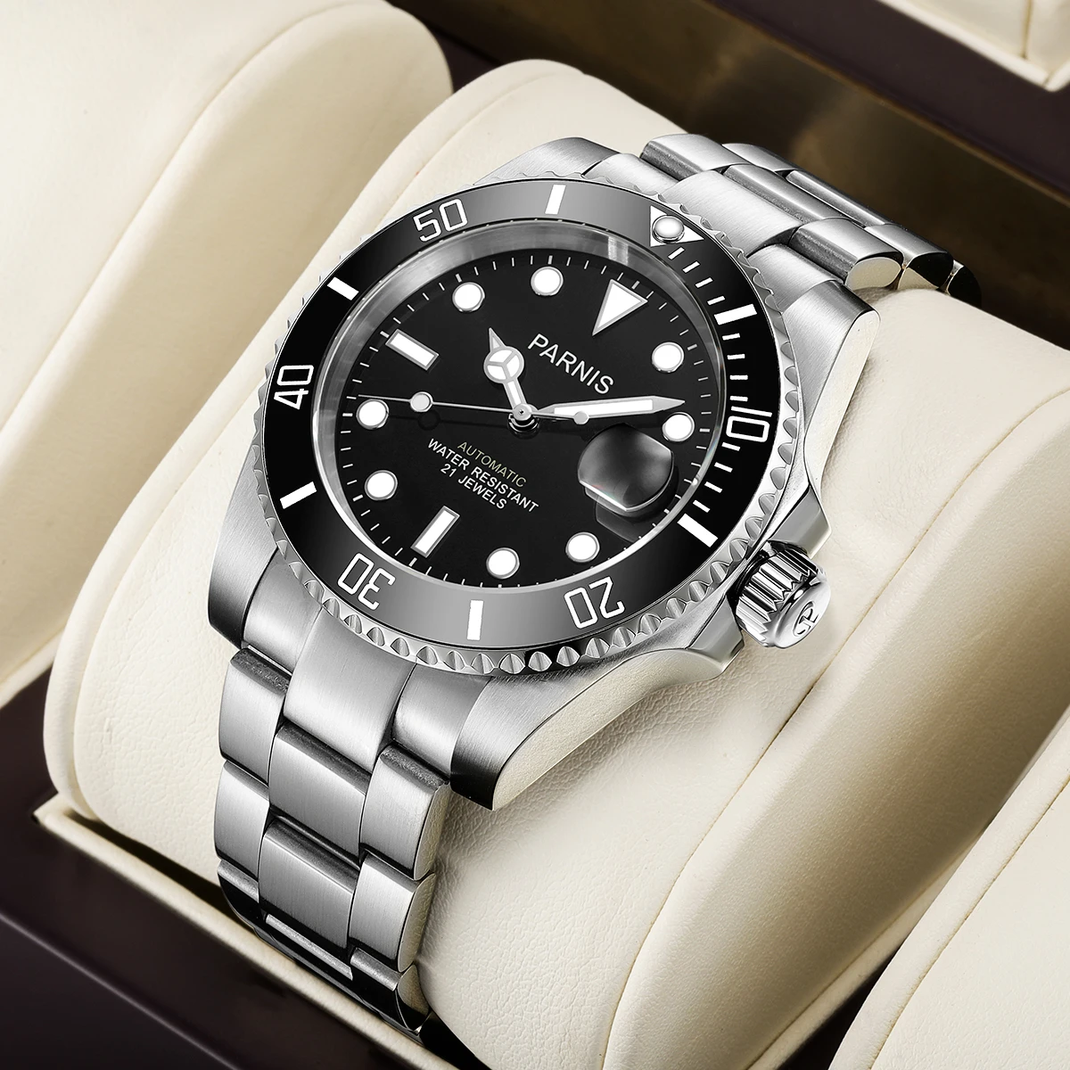 Новинка мужские часы Parnis 40 мм с черным циферблатом календарь сапфировое стекло
