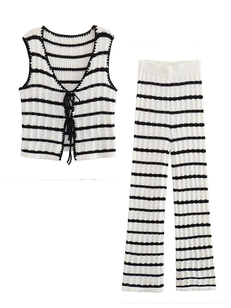 

Kumsvag 2023 Women Summer 2-Pieces Sets Casual Striped Knitting Tank Tops and Trousers Female Elegant Street Two Suits Clothing