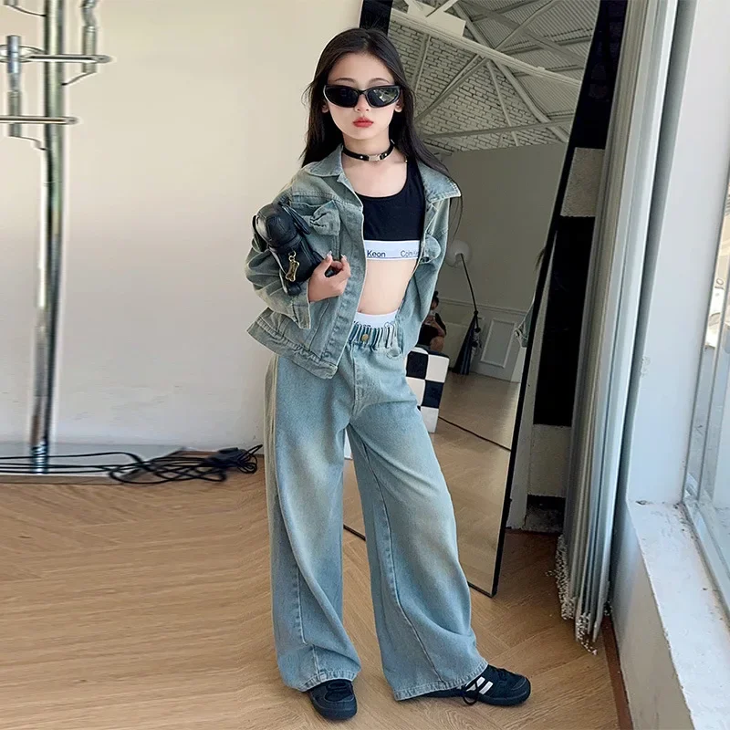 baby girl's garnitur zestaw wiosenny i jesienny 2024 nowe średnie duże dzieci modny płaszcz dżinsowy prosty 2-częściowy