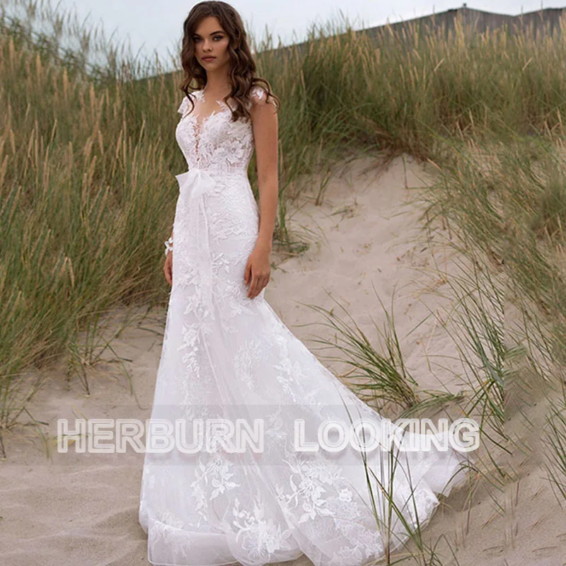 

HERBURNL Mermaid Princess A-line Scoop Buckle Lace Apliques Customized Tulle Wedding Dress 2022 Floor-length Robe De Mariée