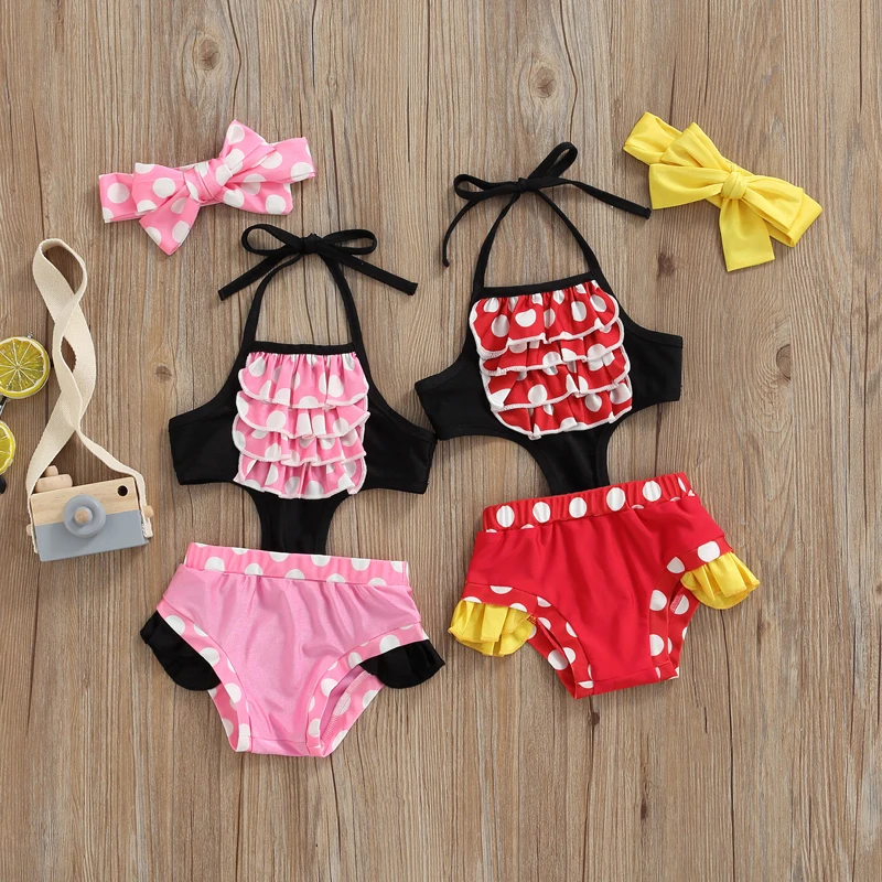 Женский летний купальный костюм с принтом в горошек и лямкой на шее |