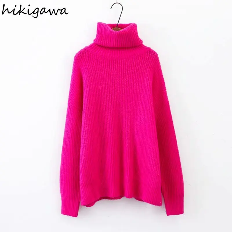 

Модный женский свитер Hikigawa, однотонные пуловеры с высоким воротником, зимние свитера с длинным рукавом, повседневные женские шикарные вяза...