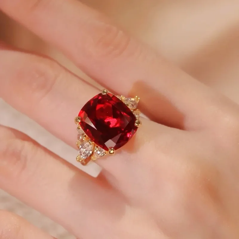 Фото CAMEO, серебряное кольцо с синтетическим цирконом 925, красочное рубиновое квадратное кольцо с белым бриллиантом, роскошный комплект, универсальное винтажное золотое кольцо на руку №2