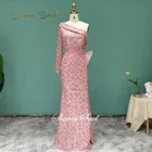 Женское вечернее платье с юбкой годе, элегантное розовое платье на одно плечо с длинным рукавом и высоким разрезом, платье для выпускного вечера, SS402