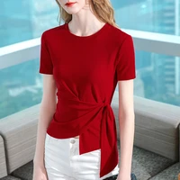 stretch cotton short sleeved t shirt womens summer new solid color round neck irregular high waist straps pleated y2k tops