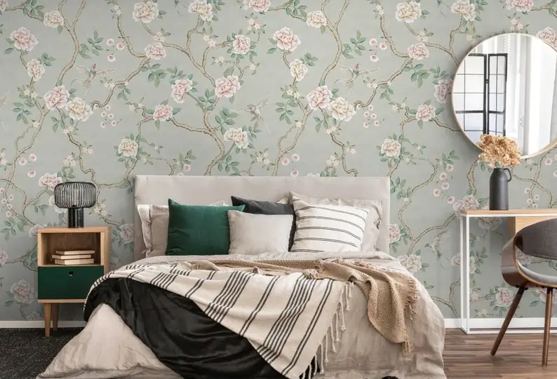 

Chinoiserie Wallpaper Peel and Stick | Watercolor Peony Tree Wall Mural | Soft Chinese Floral Wallpaper