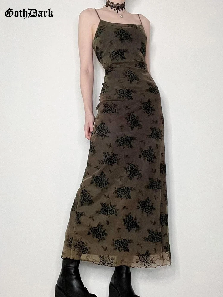 Женское платье миди Goth Dark Mall готическое длинное Сетчатое с цветочным принтом в