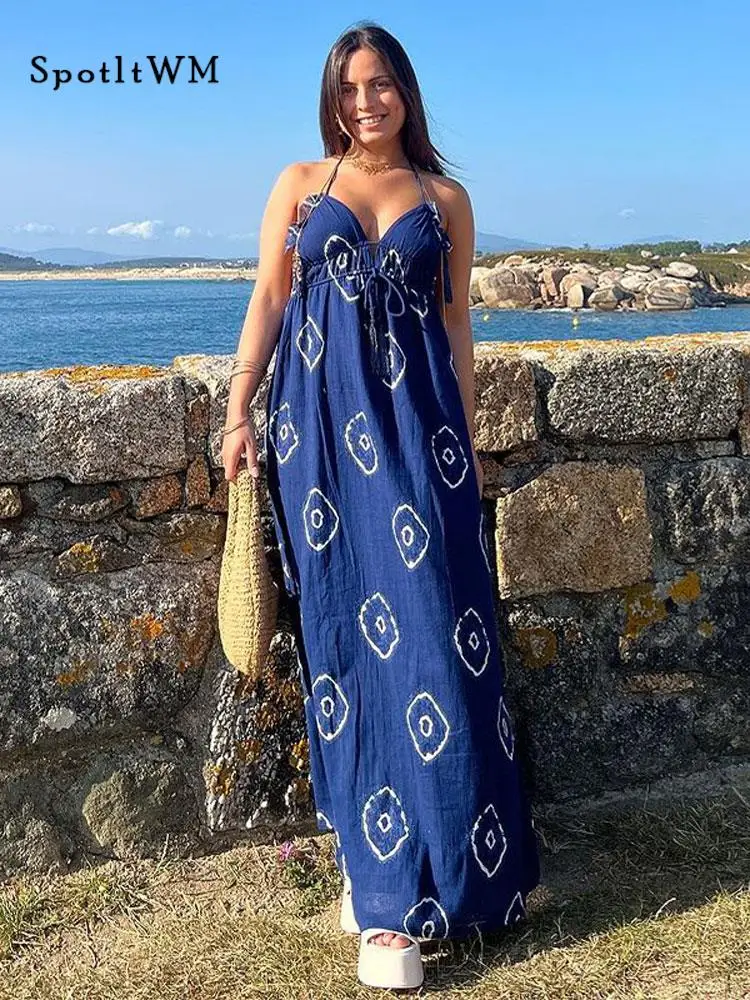 

Sexy Printed Halter Backlesss Lace Up Dress Women V-neck Sleeveless Loose Maxi Dresses Summer Female Vacation Party Vestidos