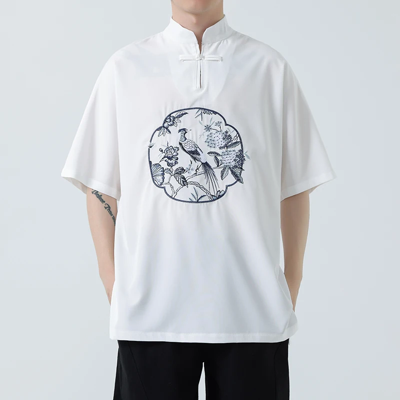 Мужская футболка с коротким рукавом летняя дышащая и тонкая вышивкой в китайском