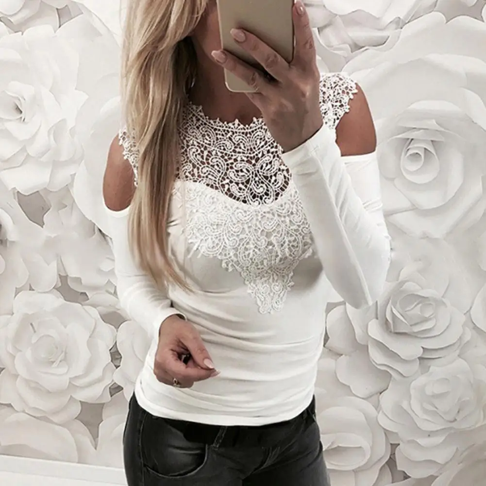 

Trendy Tunic Top Quick Drying Crochet Lace Stitching Tunic Top Lace Neck Slim Fit Women Blouse Streetwear