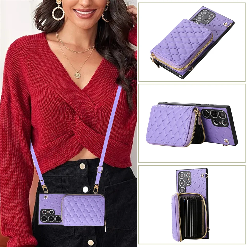 Luxury Wallet Card Crossbody Shoulder Strap PU Leather Case For samsung galaxy S23 s22 s10 Plus S21 FE S20 Note 10 20 Ultra Cove