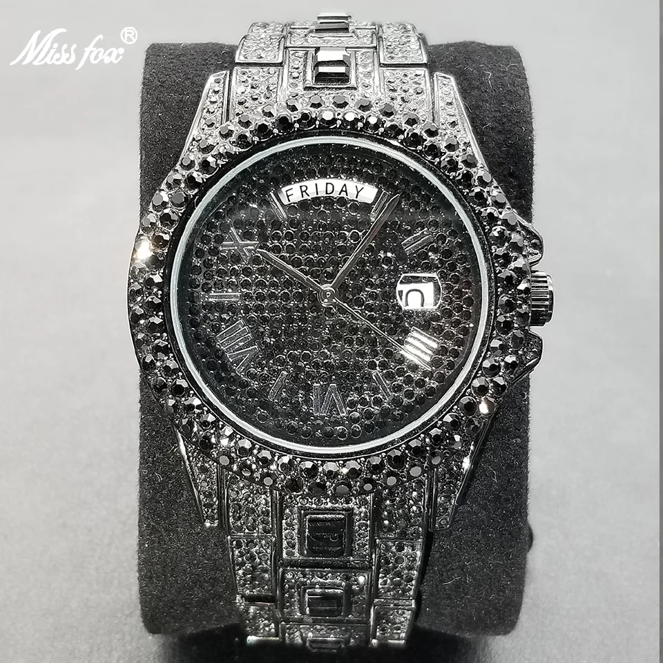 

MISSFOX Ice Out Black Men Watches Luxury Diamond Day Date Watch Fashion Hip Hop Waterproof wristwatch 2022 Best Selling Product