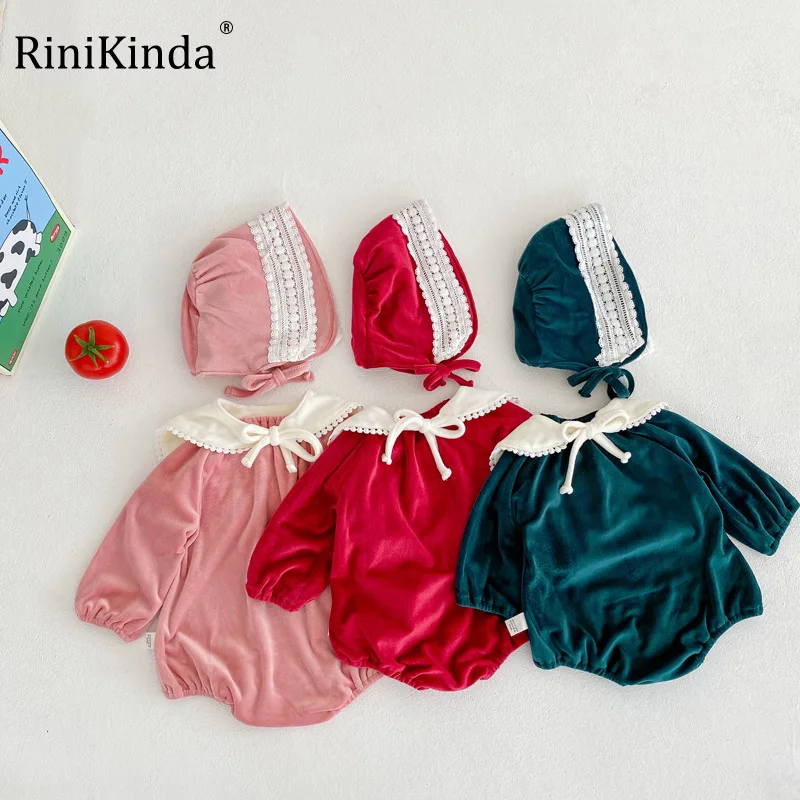 

RiniKinda Baby Turn-down Collar Cute Girl Romper With Hat Bib Sets Infant Solid Floral Jumpsuit Toddler Baby Girl Clohtes 3Pcs