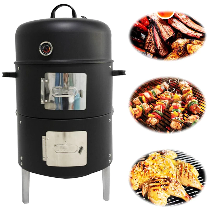 

3 in 1 Barbecue Grills Double Deck Smoker Oven Camping Picnic Cooking Tool BBQ Grill Round Charcoal Stove Outdoor Portable