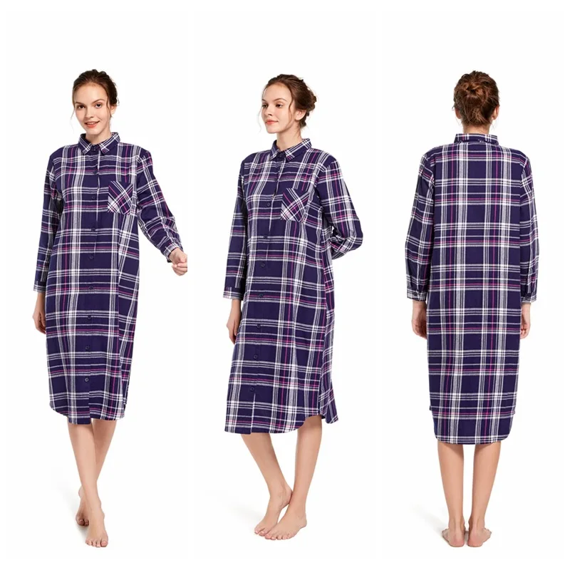 

Stripe Dress Sleepwear For Women Full Sleeve Cartoon Pyjama Women's 100% Cotton Warm Autumn Fashion Homewear Long Dresses