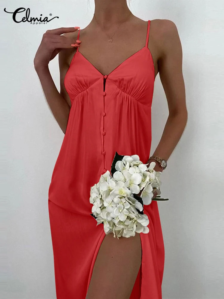 

Celmia Women Long Pajama Sleepwear 2022 Summer Sexy Spaghetti Strap V Neck Nightgown Casual Loose Buttons Camisole Maxi Dress