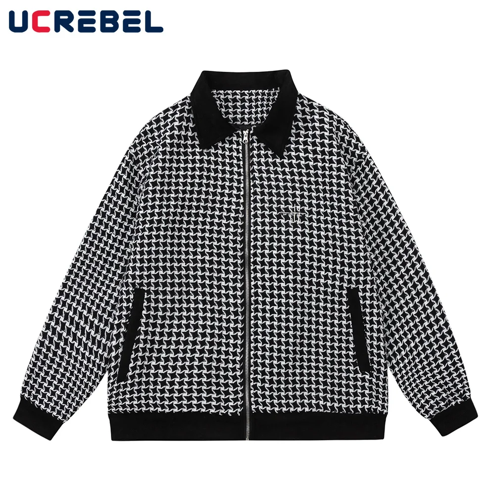 

Куртка мужская клетчатая в стиле ретро, уличная одежда, повседневная Свободная верхняя одежда с контрастными лацканами, на молнии, с длинным рукавом, Осень-зима